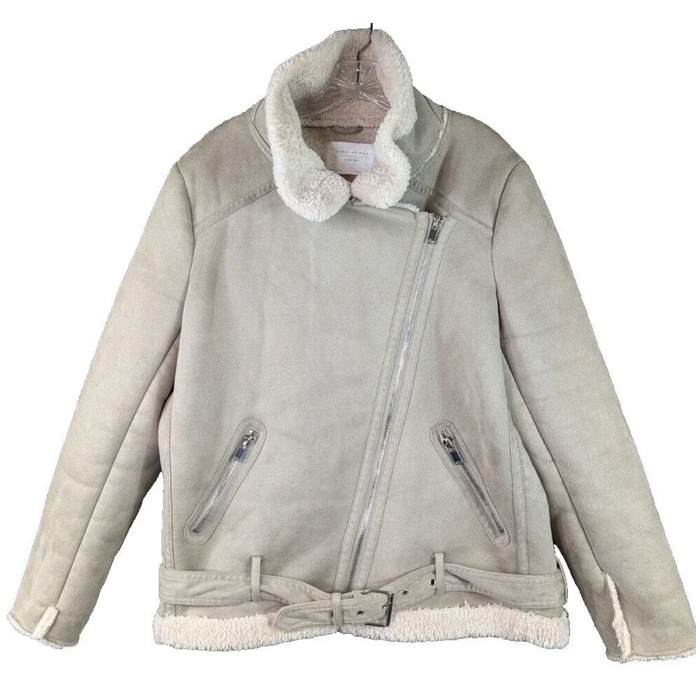 Zara Faux Leather‎ Fleece Coat Womens XL Double Faced Biker Aviator Jacket Boho - Picture 2 of 13